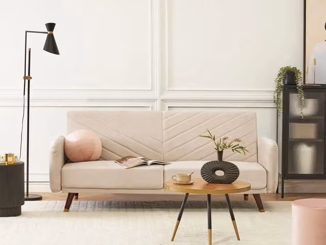 Divano Letto Click Clack Beliani in Velluto Beige con Struttura in Legno e Poggiatesta Regolabile per Soggiorno – 1