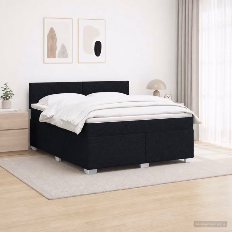 Letto con Box Spring vidaXL in tessuto nero con materasso ibrido, illuminazione LED sottostante e porta USB, L/P: 140 x 190 cm