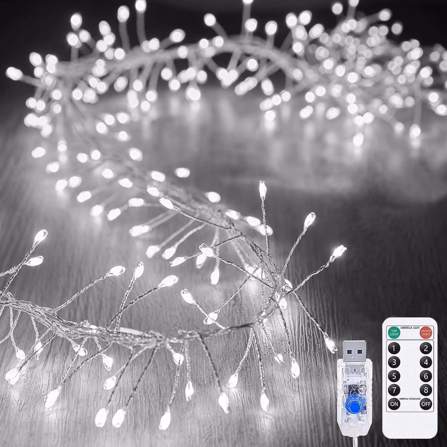 Catena luminosa a LED, 300 LED, 9 metri, alimentazione USB, con telecomando, luce bianco caldo