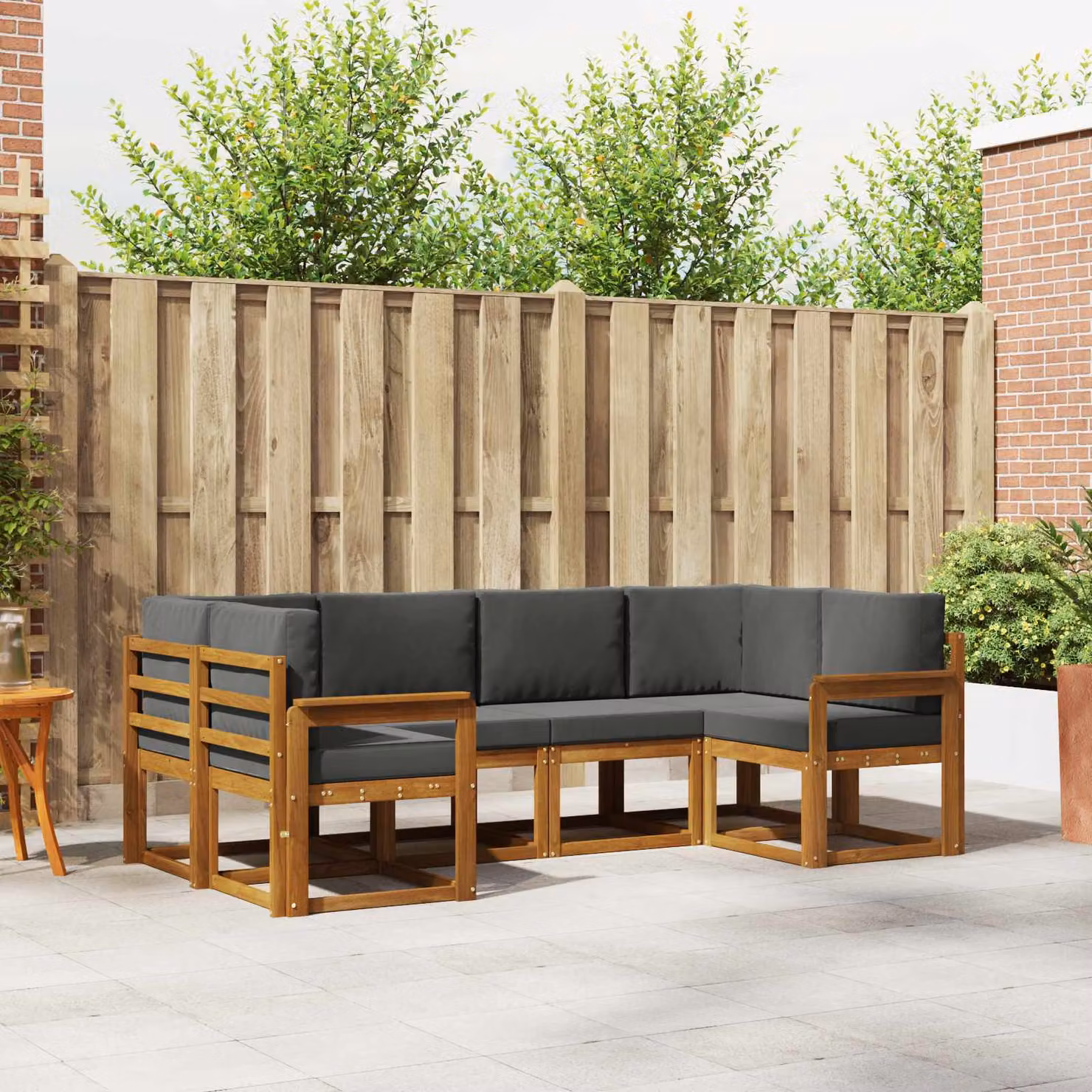 Set di divani da esterno vidaXL a forma di L composto da 6 pezzi in legno di acacia con cuscini in tessuto color antracite e marrone naturale