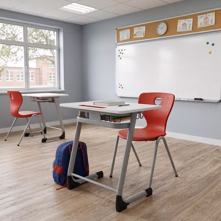 Set scolastico moderno ed ergonomico, grigio: banco rosso e sedia, tavolo singolo