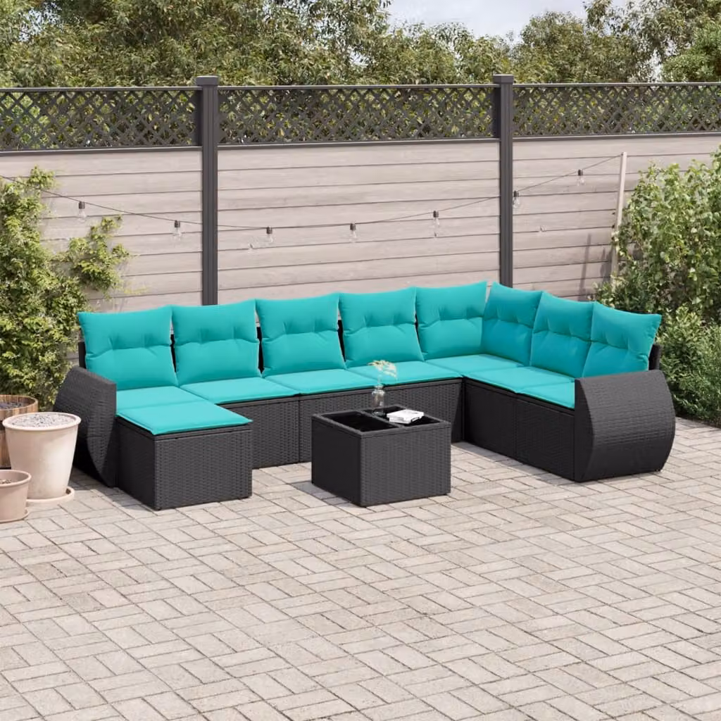 Set di divani da giardino vidaXL in polyrattan nero da 9 pezzi con cuscini e tavolino per esterno