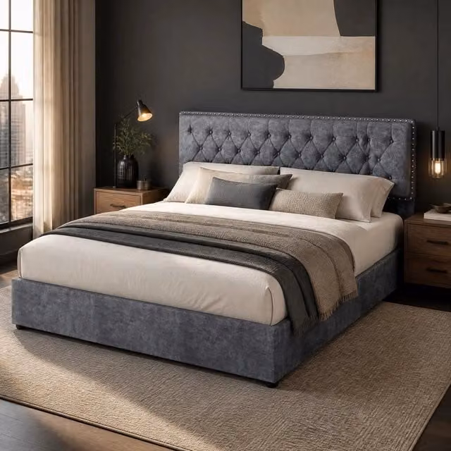 Letto Mivray rivestito in velluto grigio con testiera alta e rete a doghe in legno, dimensioni: 160 x 200 cm