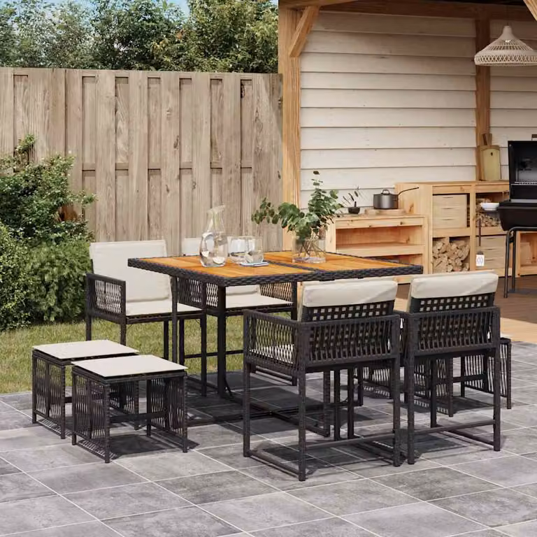 vidaXL Set da Pranzo da Giardino 9 pz in Polyrattan con Cuscini Nero e Marrone