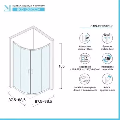 Box doccia semicircolare Geo con doppio sistema scorrevole, vetro temperato trasparente da 5 mm, L/P: 90 x 90 cm, H: 185 cm, profili cromo – 2