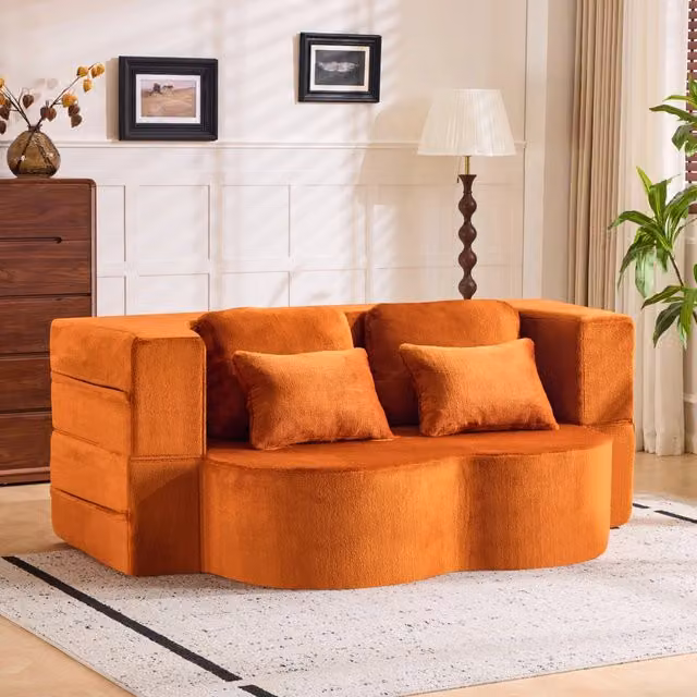 Divano letto da pavimento pieghevole arancione in tessuto plush con 4 cuscini