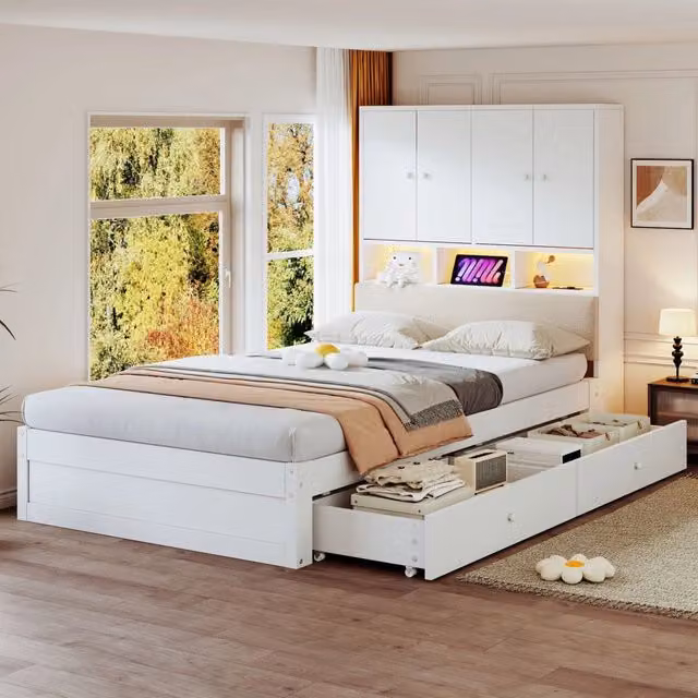 Letto in legno 90 x 200 cm, testiera imbottita, con vano portaoggetti, illuminazione a LED, presa di corrente, 2 cassetti, bianco