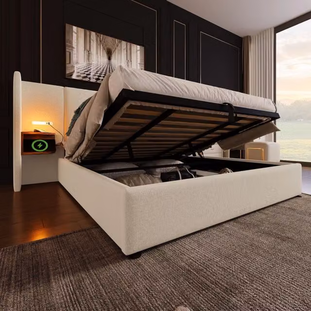 Letto matrimoniale contenitore 180 × 200 cm con testiera in lino beige luci lettura USB e Type-C rete a doghe