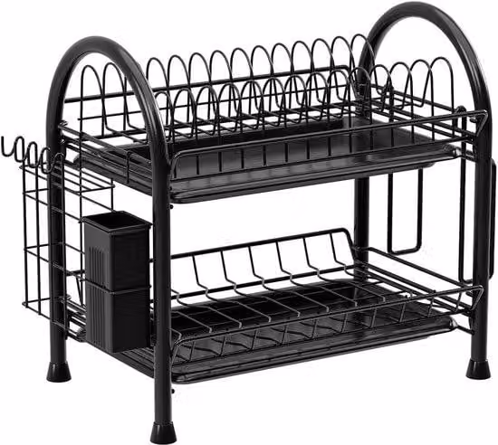 Scaffale da cucina a più ripiani per il piano di lavoro, completo di sgocciolatoio, ripiano espositivo rivestito in acciaio inossidabile e ripiano inferiore salvaspazio per piatti e tazze, nero.