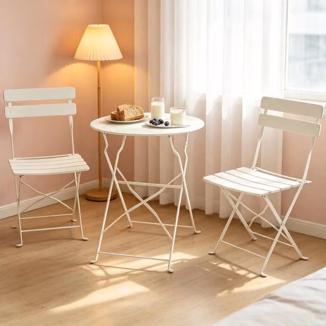 Set bistro da giardino OKWISH pieghevole con tavolo rotondo e 2 sedie in metallo beige per balcone e terrazzo
