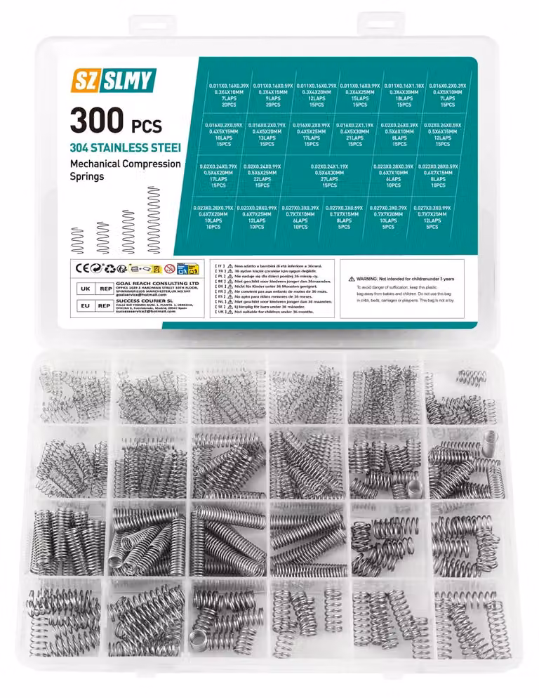 Assortimento di molle a compressione, 300 pezzi, acciaio inossidabile 304, 23 dimensioni