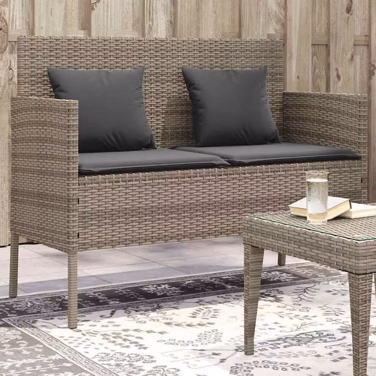 Panca da giardino moderna vidaXL in polyrattan grigia con cuscini L: 113 cm, P: 61 cm, H: 87 cm