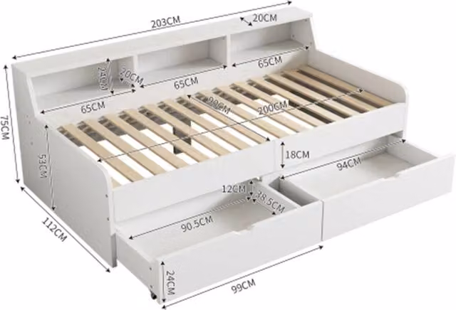 Letto divano con cassetti - Xylo - 90x200 cm - Bianco - Con spazio di archiviazione