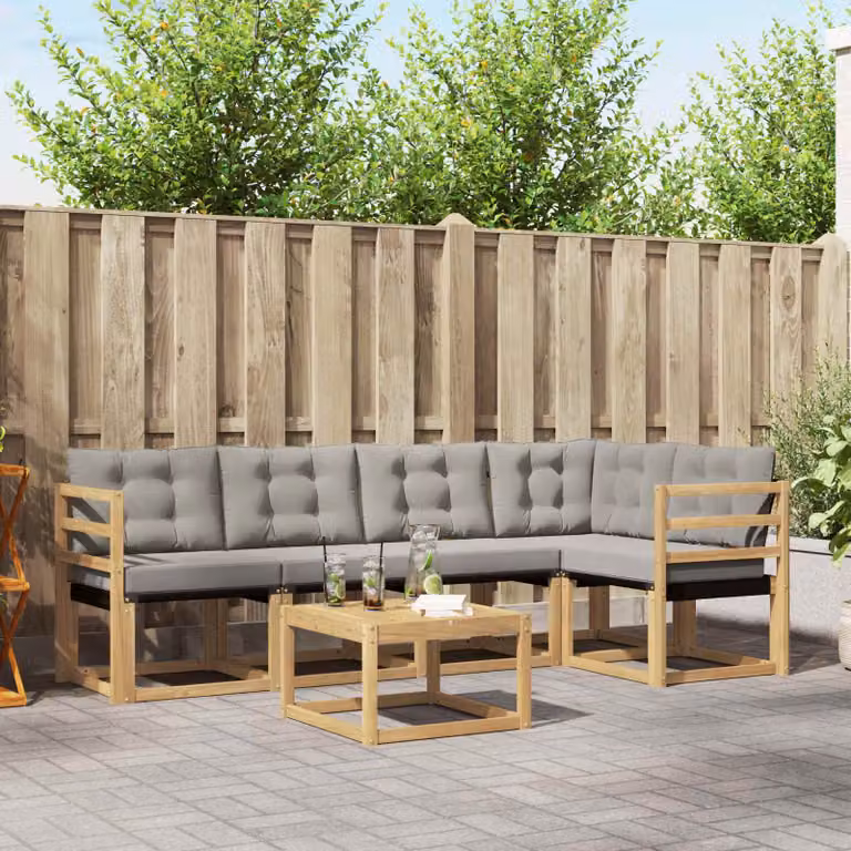 vidaXL Set di divani da esterno a L composto da 6 pezzi con tavolino da caffè, struttura in legno di acacia e sedute in tessuto textilene, colori bianco, grigio e marrone