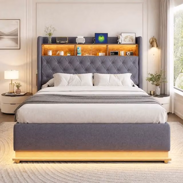 Letto imbottito con LED 180x200 cm, contenitore idraulico, tessuto in lino beige/grigio con porta USB