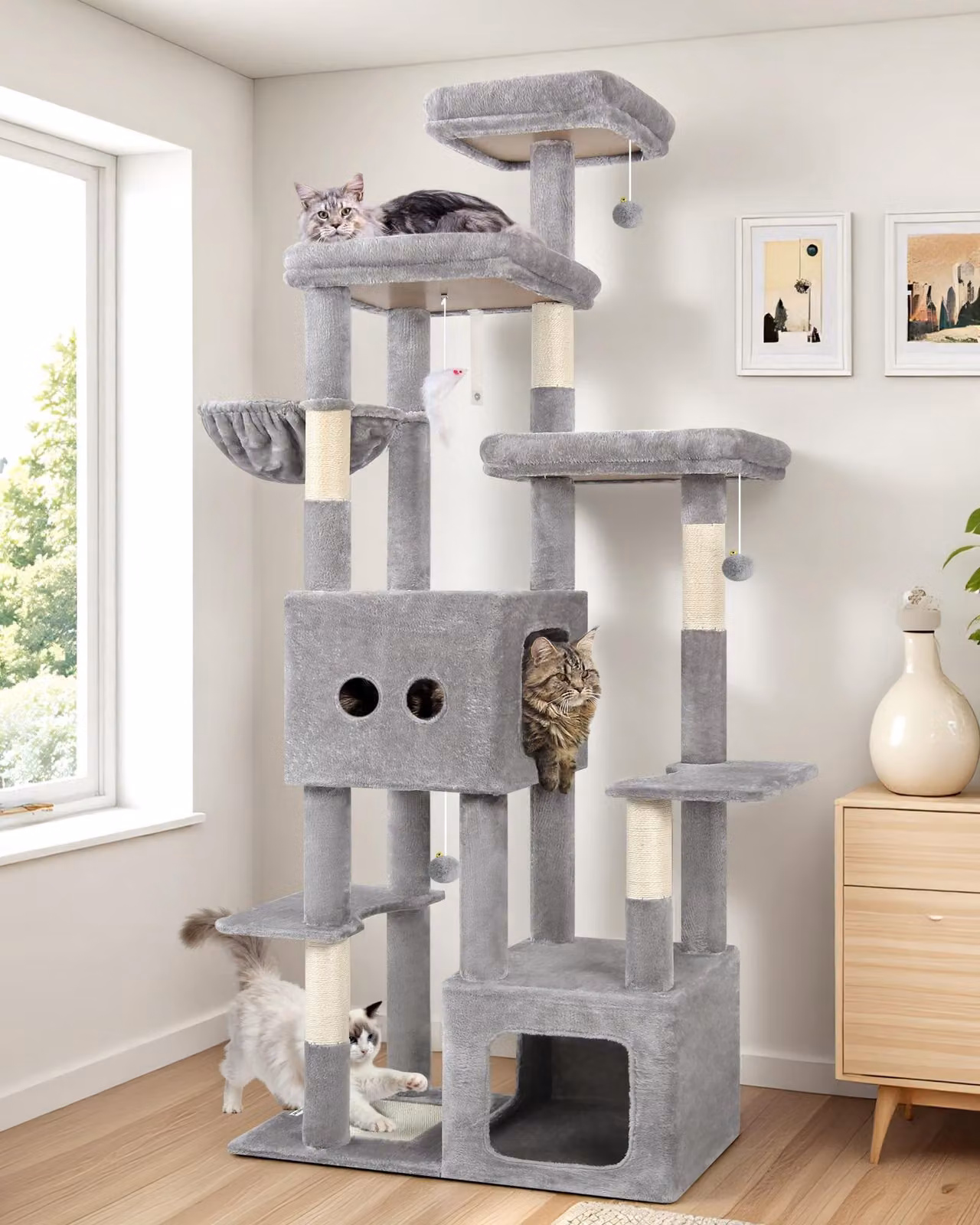 Albero per gatti di grandi dimensioni, ideale per gatti grandi, con 2 rifugi e tiragraffi