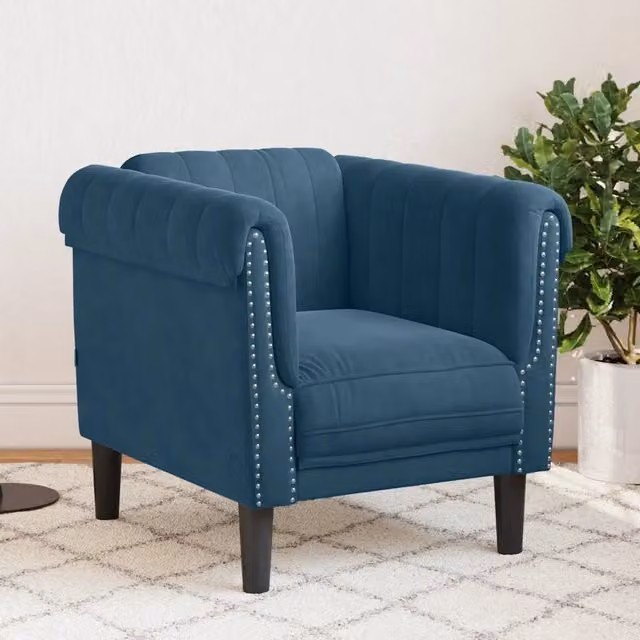 Poltrona Lounge Blu in Velluto con Braccioli e Struttura in Legno per Soggiorno – 1