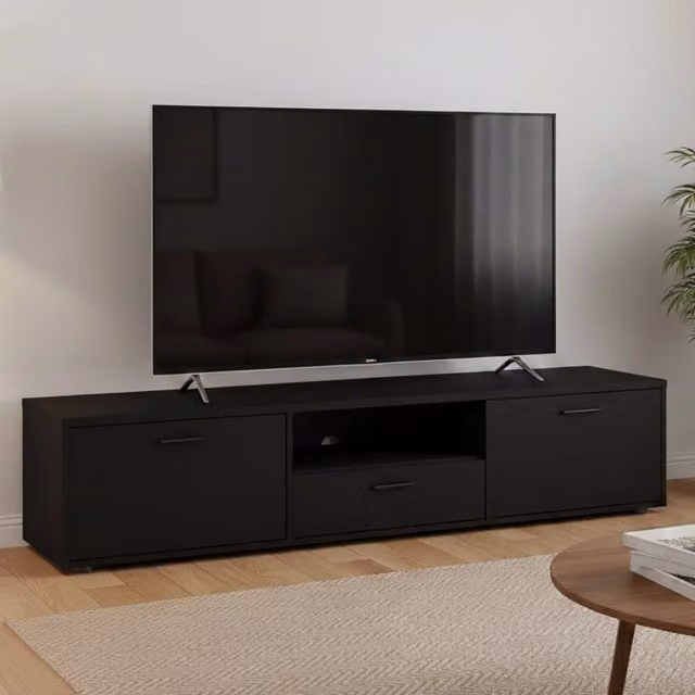 Mobile porta TV Giaele DMORA, Credenza moderna per soggiorno in legno nero opaco, L: 177,2 cm, P: 39,8 cm, H: 38,4 cm – 1