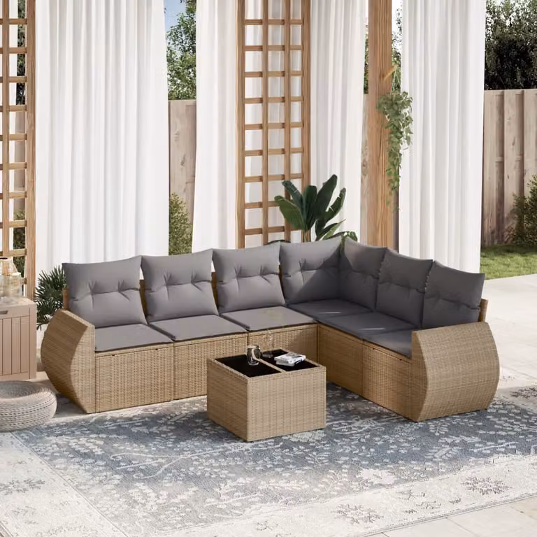 Set di divani da giardino vidaXL 7 pz a forma di L con cuscini beige e tavolino in vetro e rattan