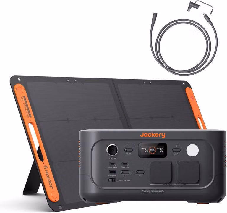 Jackery E500 V2 con pannello solare da 100W, centrale elettrica portatile da 512 Wh e generatore solare con cavo di prolunga da 5M per campeggio, camper ed emergenze