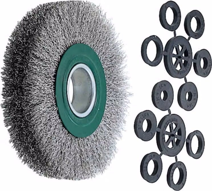 Spazzola circolare in filo metallico Lessmann (verde) Filo INOX 0,30 mm, ⌀ spazzola x larghezza setole: 150X30 mm