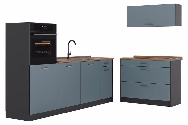 Cucina componibile Vicco R-Line Grigio-blu/Antracite 220 cm piano di lavoro Rovere dorato, Model 67422