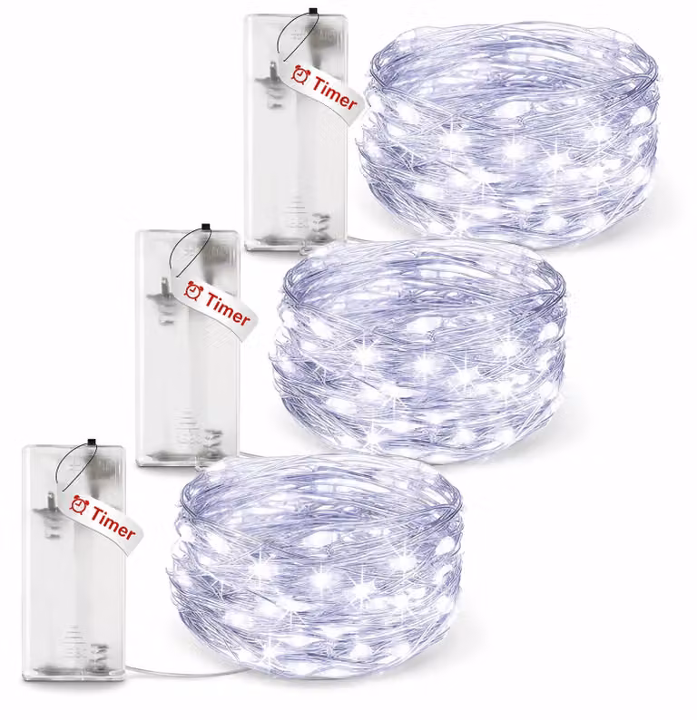 Set di 3 catene luminose a LED, lunghezza 3 metri, 30 LED, con timer, luce bianca fredda