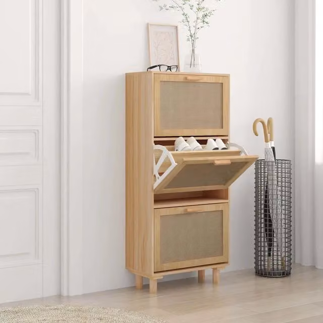 Scarpiera vidaXL in stile scandinavo marrone con legno e rattan, L: 52 cm, P: 25 cm, H: 115 cm – 1