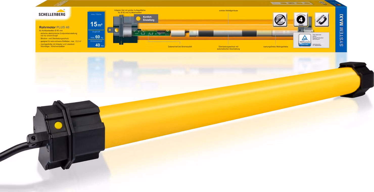 Motore per tapparelle Schellenberg Plus, regolazione elettronica della posizione stretta, 40Nm Maxi, motore tubolare per albero da 60 mm fino a 15m², 20740