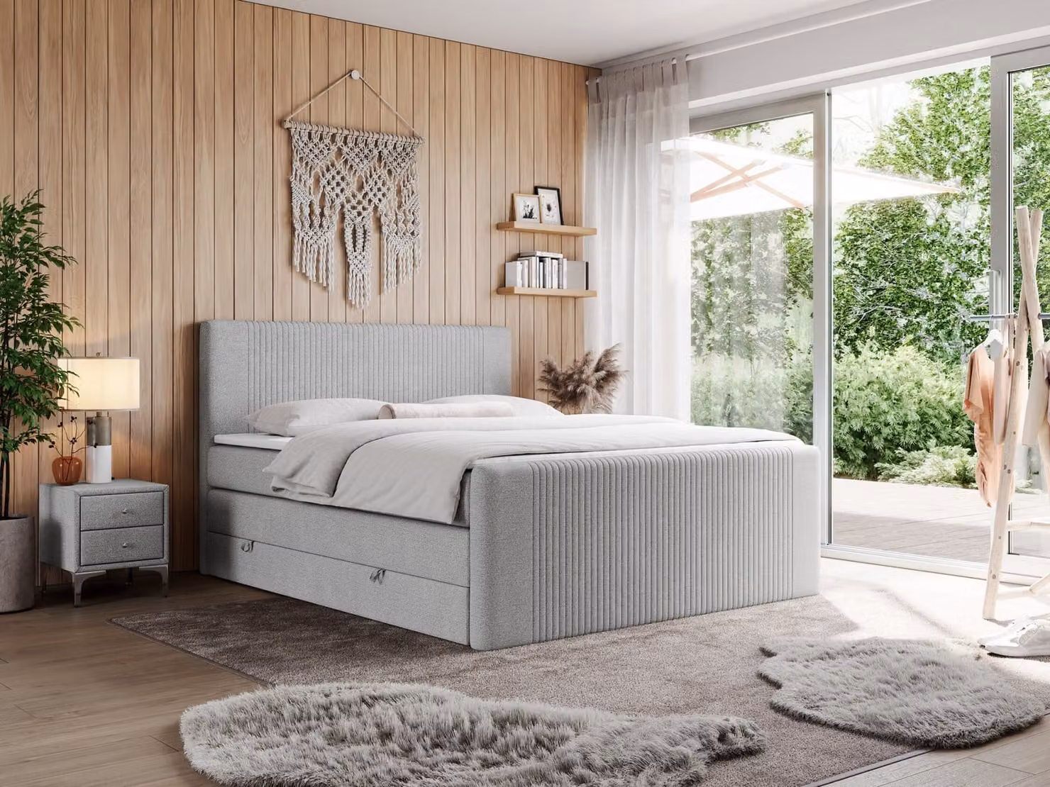 Letto boxspring, letto matrimoniale con materasso a tasche multiple e due contenitori - KING DOREN - 140x200 cm - Grigio chiaro - H4