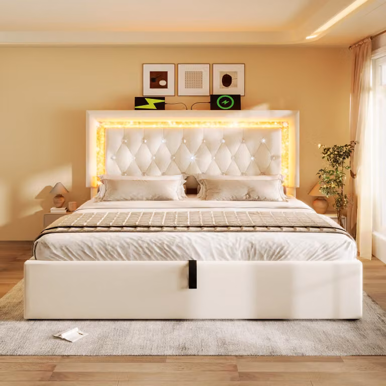 Letto imbottito 140x200, rivestito in velluto, con strisce LED a forma di diamanti, porte USB e USB-C, spazio contenitore idraulico, rete a listelli, senza materasso.