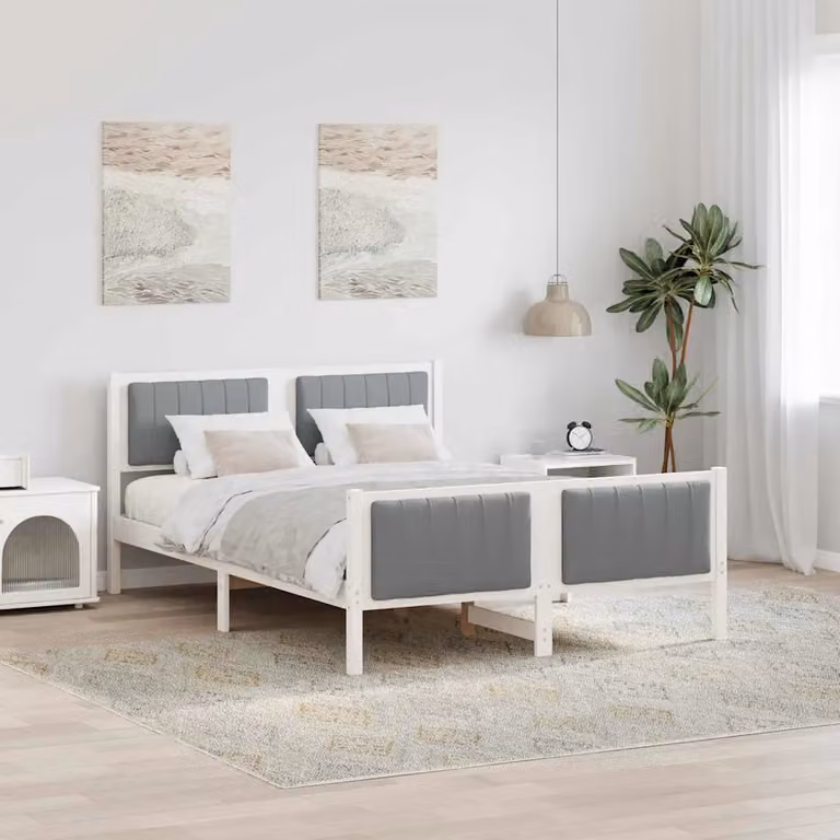 Struttura del letto moderna vidaXL in legno di pino e tessuto, Bianco e Grigio, 140 x 190 cm