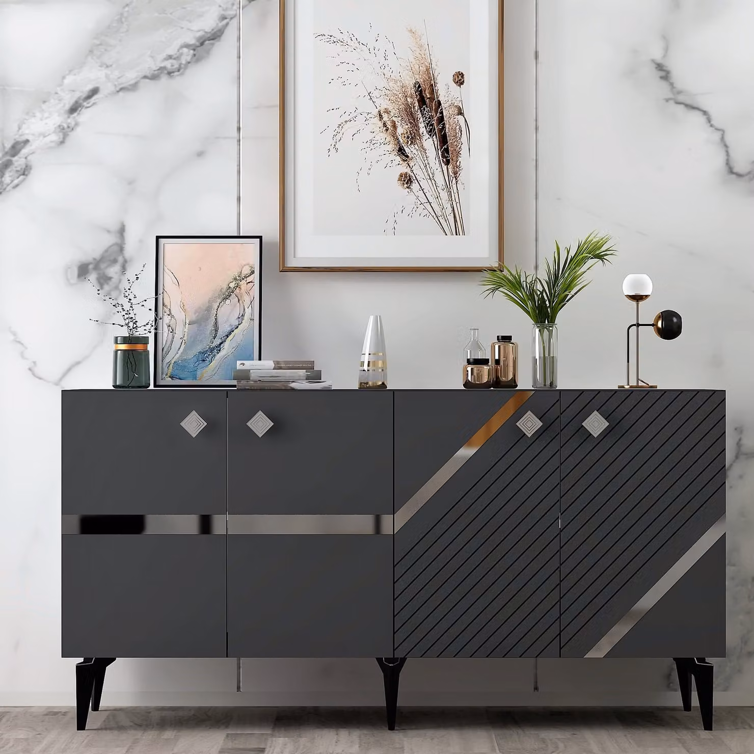 Skye Decor, Iris - Antracite, Argento, Consolle, Antracite, 100% PANNELLI DI PARTICELLE RIVESTITI IN MELAMMINA, 150 x 79 x 40 cm