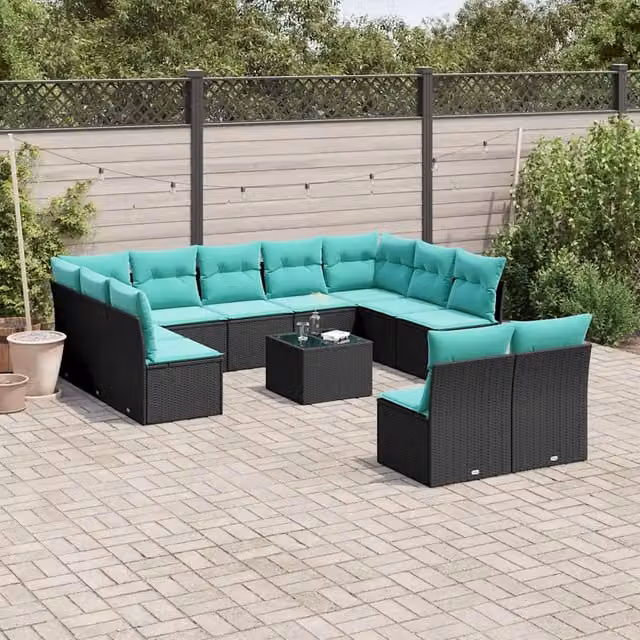 Set da giardino moderno vidaXL in polyrattan nero con cuscini blu a forma di U composto da 12 pezzi con tavolino da caffè e struttura in metallo