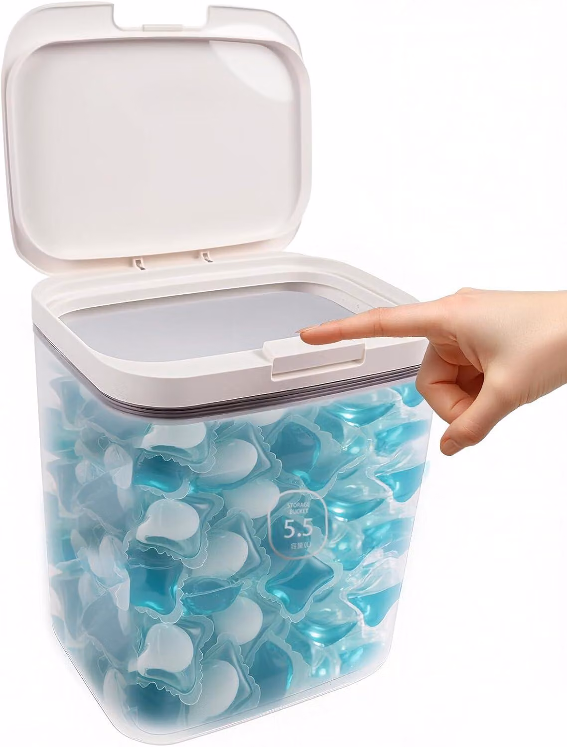 Contenitore per detersivo da 5,5 litri, ideale per la lavanderia, scatola di stoccaggio ermetica con coperchio e misurino, trasparente