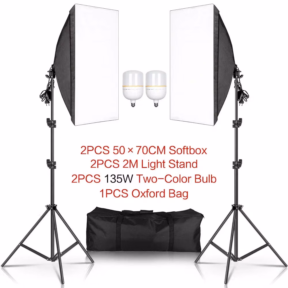 Kit di illuminazione con softbox, composto da: softbox da 50x70 cm, treppiede regolabile e lampadina a due tonalità di colore