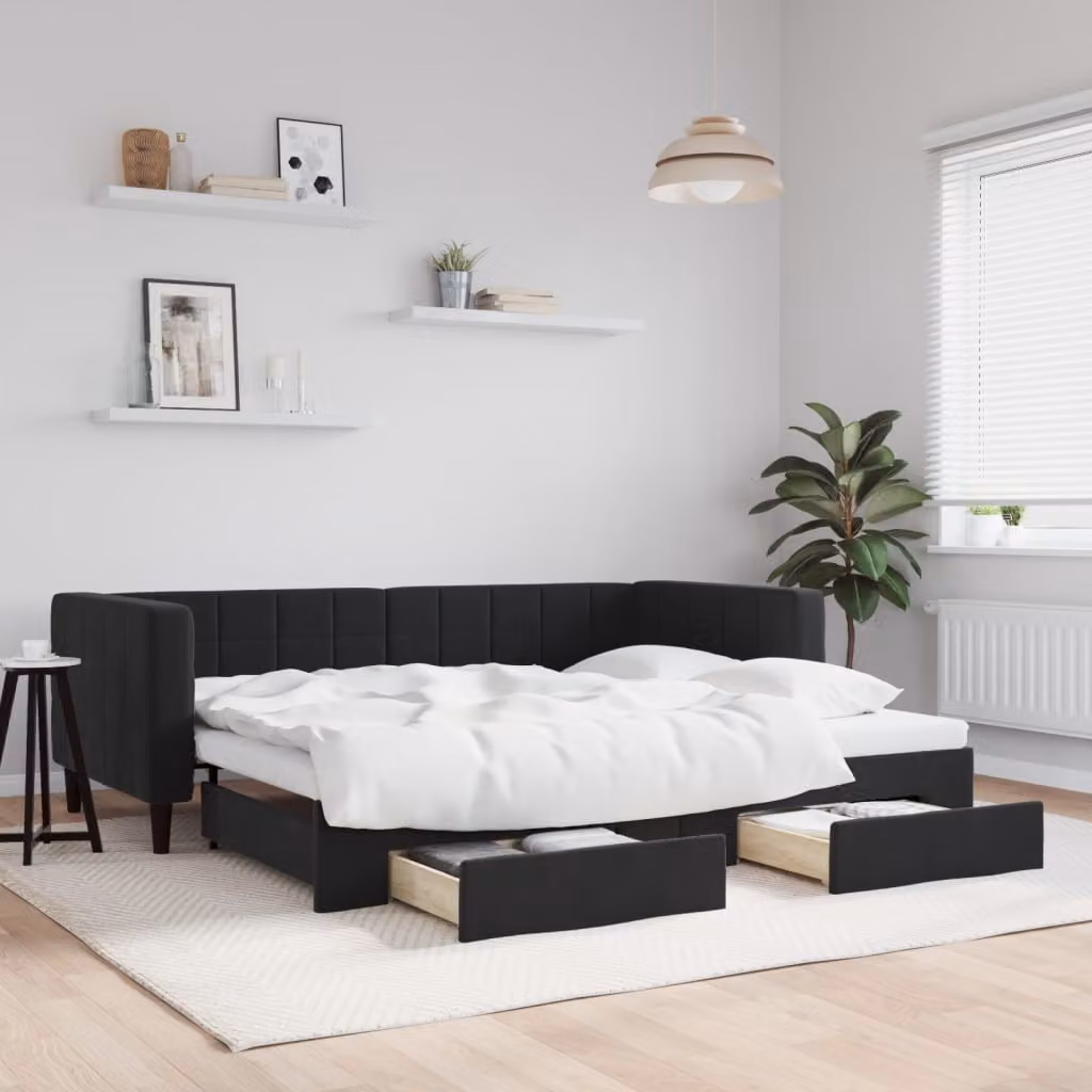 vidaXL Divano Letto Estraibile in Velluto Nero con Cassetti L/P/H: 223 x 90 x 100 cm