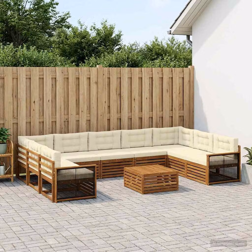 Set di divani da esterno vidaXL a forma di U in legno di acacia con cuscini, colore beige, bianco e marrone