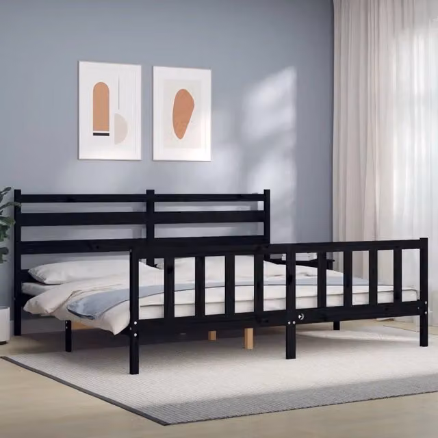 Giroletto con Testiera-Struttura Letto con testiera Nero 200x200 cm in Legno Massello 815980