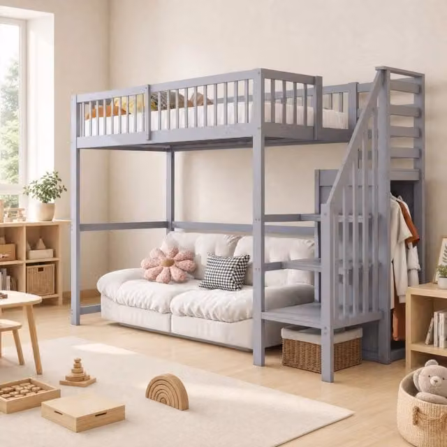 Hochbett 90x200 cm con scala; in legno; grigio