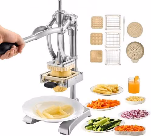 VEVOR Tagliapatate Commerciale, in Acciaio Inossidabile con 3 Lame di Ricambio,12,7/9,525/6,35 mm, una Lama per Spremitura Tagliapatate Manuale con Maestria per Ristoranti, Caffè, Bistrot