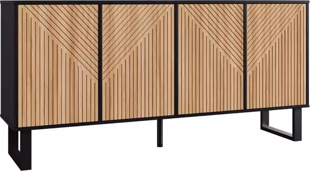 Sideboard moderno in PB+MDF nero e effetto legno 160x38x75 cm con ampio spazio e struttura in ferro