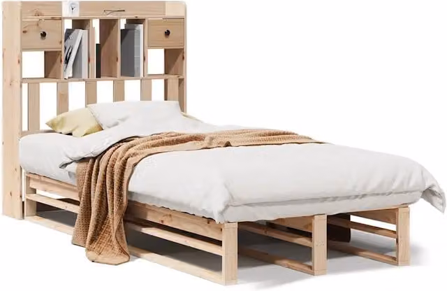 Letto singolo con libreria DESIGN IN in legno massello di pino color beige, L/P/H: 190 x 90 x 110 cm