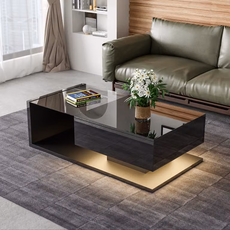 STILVORA Tavolini da salotto, set di tavolini lucidi con illuminazione a LED, tavolino da caffè con cassetti e piano in vetro, tavolino da salotto, nero