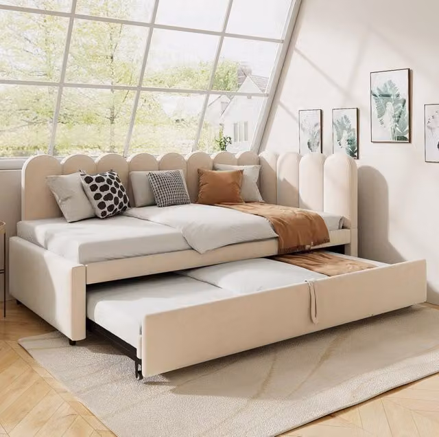 Divano letto a L estraibile 90 x 200 cm; estensibile a 180 x 200 cm; velluto beige
