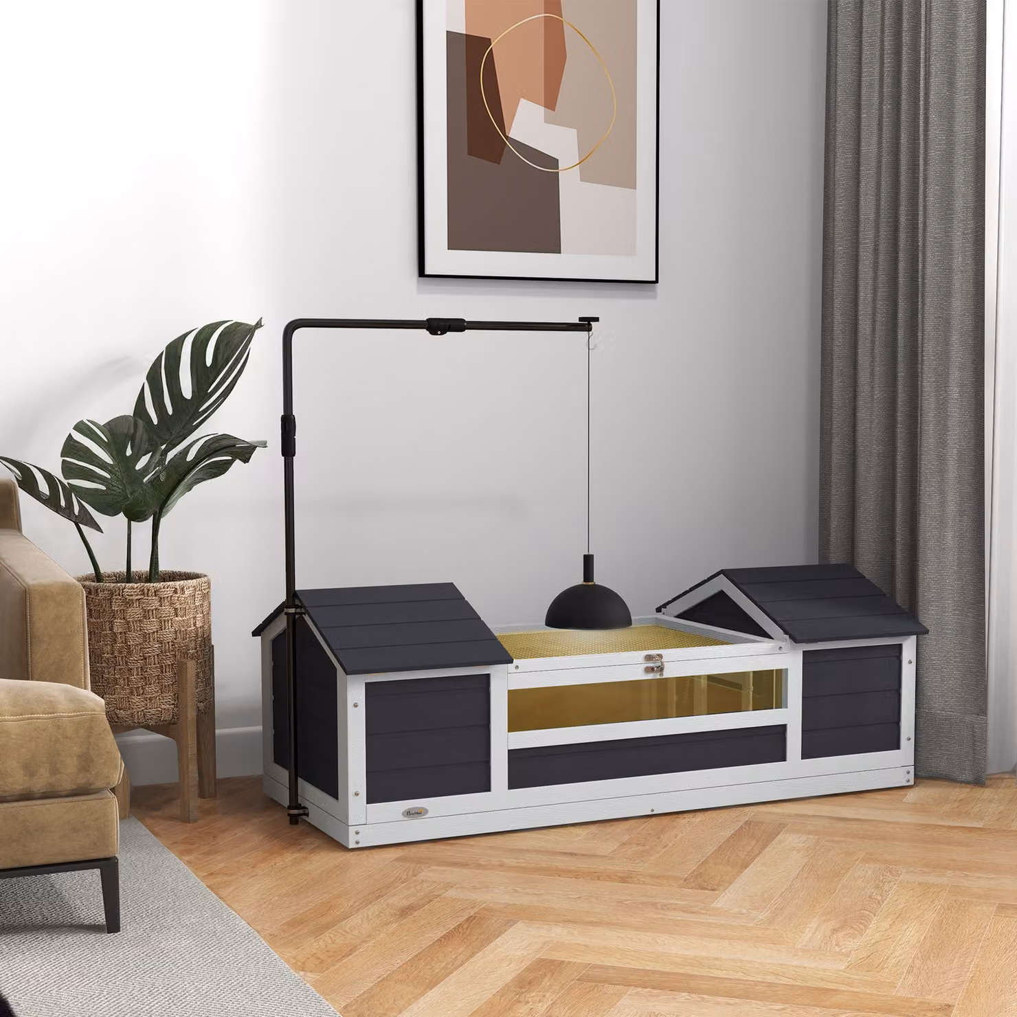 PawHut Casa per tartarughe terrestri all'aperto in legno massiccio grigio, set da 2 pezzi con supporto per lampada regolabile, L 120 cm x P 56,5 cm x H 43 cm – 2