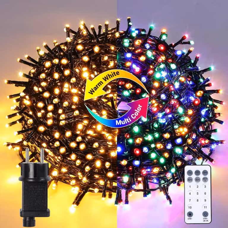 Catena luminosa da 100 metri, con 1000 LED, luce bianco caldo/multicolore, grado di protezione IP44, con timer