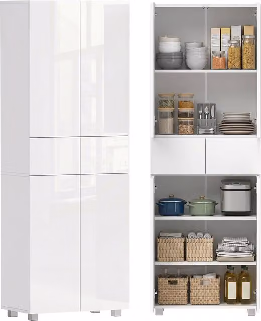 Dispensa da cucina HOMCOM moderna in MDF con 4 ante e ripiani regolabili, Bianco Lucido, L: 60 cm, P: 35 cm, H: 170 cm