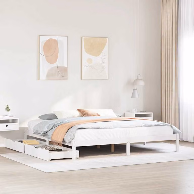 Letto vidaXL in legno massello di pino bianco con cassetti e doghe rigide L/P/H: 205.5 x 180 x 185.5 cm