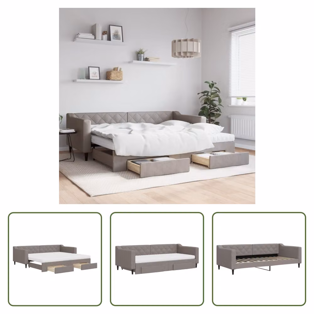 The Living Store Letto allungabile con cassetti Taupe 90x200 cm tessuto